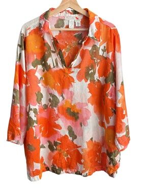 Joie Women's 100% Linen Tunic Top Size 2X Orange Floral Summer Vacation Cruise